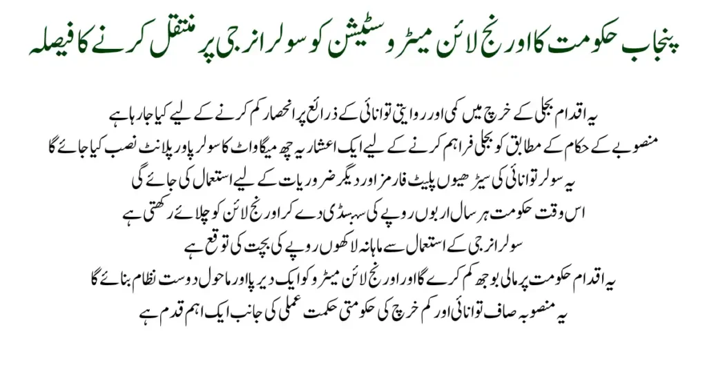 Punjab Government to Run Orange Line Metro Stations on Solar Energy